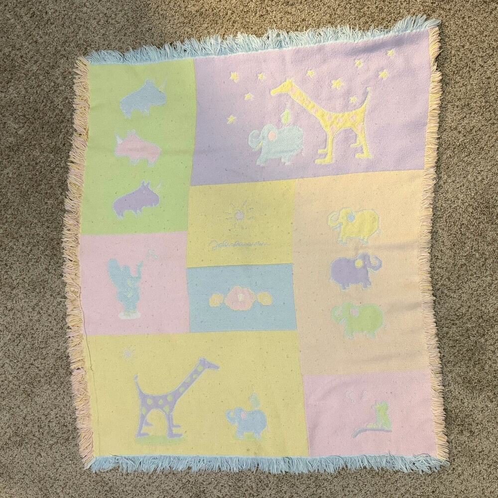 Carters John Lennon Vtg Baby Blanket Animals Giraffe Elephant Pastel Fringe